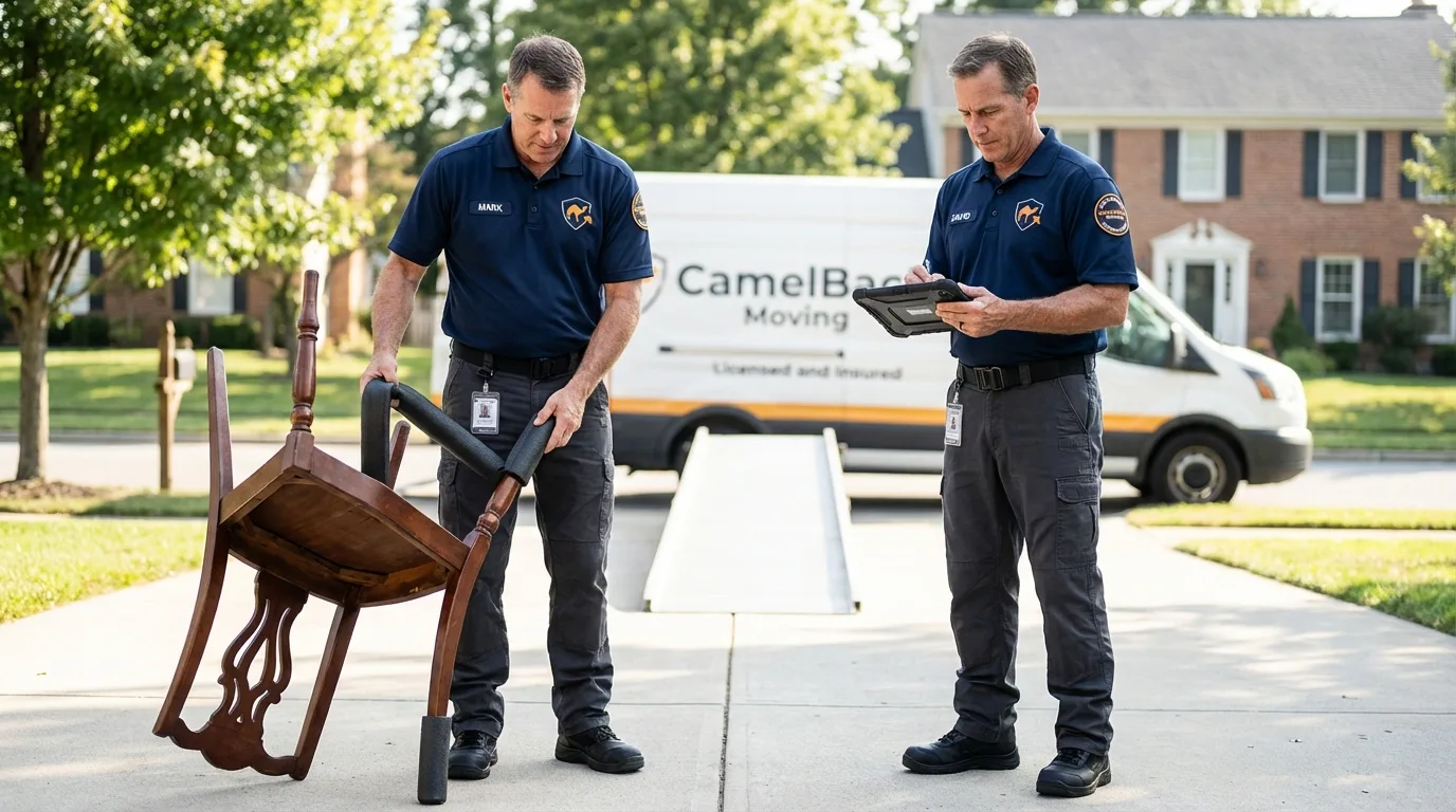 Movers inspecting furniture for damage prevention before loading in Youngstown, FL